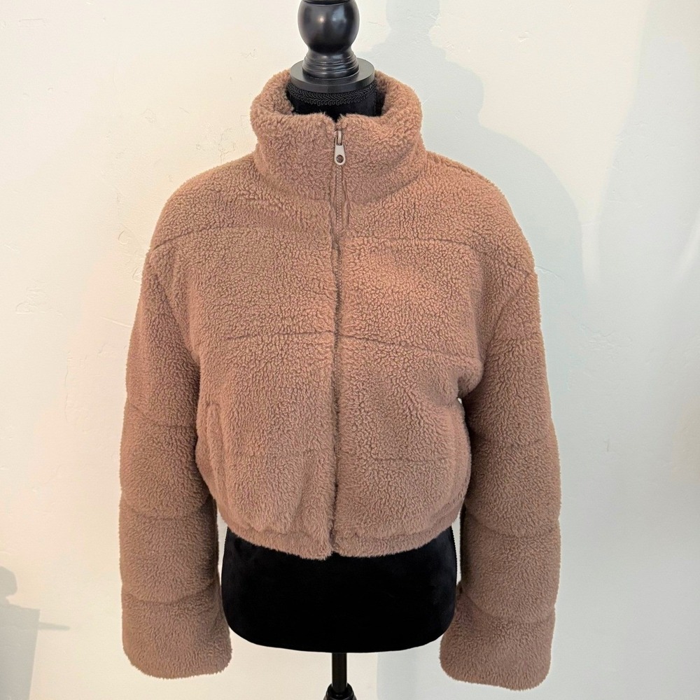Brown Sherpa Puffer Jacket Cropped Zip Up Size M